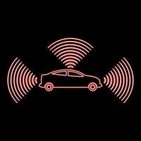 Neon car radio signals sensor smart technology autopilot all direction red color vector illustration image flat style