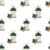 Christmas lantern with holly and golden sleigh bell. Winter festival seamless pattern. vector