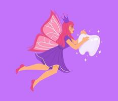 Smiling tooth fairy flying with baby tooth, cartoon vector character