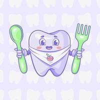 The tooth vector character holding spoon and fork. Cartoon mascot