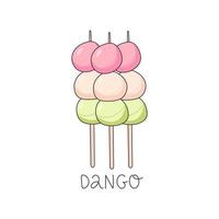 Sweet mochi, dango. Japanese traditional food vector illustration. Japanese asian sweets. Perfect for used for cafe, bakery, menu, banner, sweet food, dessert concept. Draw in doodle style.