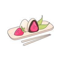 Illustration of Japanese sweets. Japanese dessert mochi daifuku on a wooden plate with chopsticks. Asian traditional food vector illustration. Doodle style.