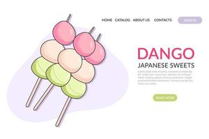 Web Page with Japanese sweet mochi dango on a light background. Banner, website, advertising, menu. Vector illustration in doodle style