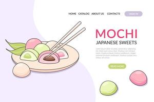 Web Page with sweet mochi on a light background. Japanese asian traditional dessert. Banner, website, advertising, menu. Vector illustration in doodle style
