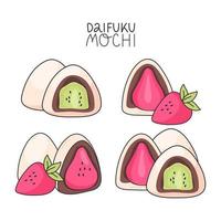 conjunto de dulce mochi daifuku. japonés tradicional dulce. japonés asiático dulces sano comiendo, cocinando, menú, bandera, dulce alimento, postre concepto. dibujar en garabatear estilo, vector ilustración.