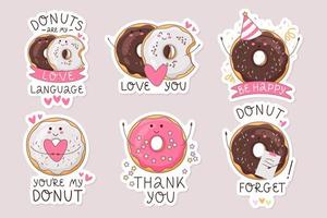 un conjunto de linda pegatinas con donas vector ilustración de un rosquilla personaje en garabatear estilo. colección para diario, diarios, scrapbooking aislado.