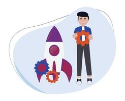 startup with business character holding gear. illustration of a man launching a business. illustration of man and rocket vector