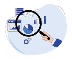 ilustración de negocio hombre haciendo datos análisis utilizando aumentador vaso. datos analítica hace predicciones de futuro negocio vector