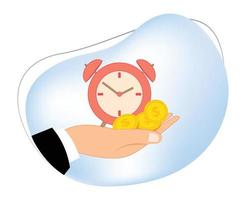 illustration of a hand holding an alarm clock and coins. time management concept. time is money vector