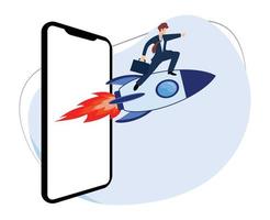 businessman on rocket launch from smartphone. concept of launching a business. successful business concept vector