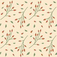 Seamless pattern with twigs, berries and leaves. Stylized plants on a light background. Vector illustration in cartoon style.