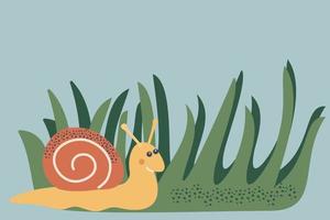 Snail, grass. Vector illustration of stylized plants and insects in cartoon style. Isolated on a blue background.