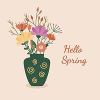 A postcard with a bouquet of flowers in a large vase with the inscription Hello spring. Vector illustration of stylized flowering plants in cartoon style. Isolated on a light background.