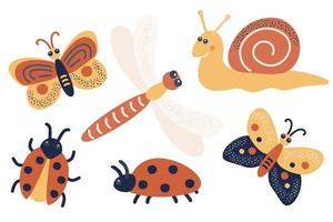 A set of insects - butterfly, snail, ladybug, dragonfly. Vector illustration in cartoon style. Isolated on a white background.