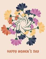 Vector illustration of a postcard for Women's Day on March 8. Decorative ornament in the form of a wreath of stylized flowers in cartoon style. Isolated on a light background.