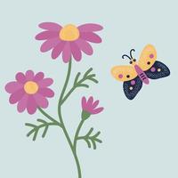 Flower and butterfly. Vector illustration of stylized plants and insects in cartoon style. Isolated on a blue background.