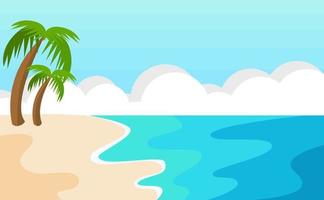 Vector summer beach background. sandy seashore, sea coast with palm tree and vocation seaside travel cartoon backdrop illustration