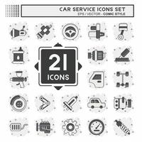 icono conjunto coche servicio. relacionado a coche Servicio símbolo. cómic estilo. reparando motor. sencillo ilustración vector
