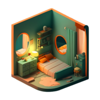 3e Room cartoon. 3d isometric room includes  table, windows, curtain, clock, frame and other furniture png