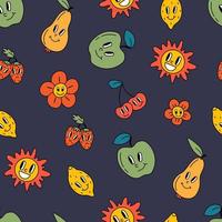 retro sin costura patrones, maravilloso hippie antecedentes. dibujos animados miedoso impresión con peras, manzanas, sol, cereza, fresa, flor modelo. vector