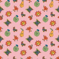 Retro seamless patterns, groovy hippie backgrounds. Cartoon funky print with pears, apples, butterflies, hearts, sun, rollers pattern. vector