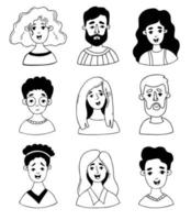 Collection cartoon portraits of people. Vector isolated faces of women, men, children in doodle style.