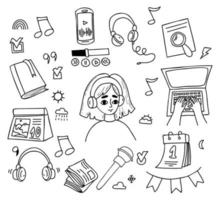 Collection doodles podcast. Cute girl in headphones listens to music. Phone, microphone, hands typing on laptop, book and papers. Vector illustration. Isolated outline hand drawings.