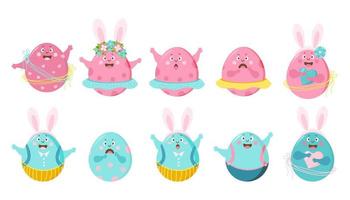 Collection cute Easter eggs with different emotions. 10 funny characters. Vector illustration. Isolated. For design Happy Easter