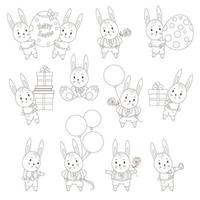 Easter cute bunny boy with egg, gifts and balloons. funny holiday characters. Linear hand drawing doodle. Vector illustration. Isolated. For design Happy Easter