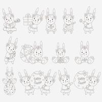 Easter cute bunny girl with egg. 13 funny holiday characters. Linear hand drawing doodle Vector illustration. Isolated.