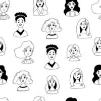 Seamless pattern with cute girls, female portraits on white background. Vector illustration in doodle style for design, packaging, wallpapers, textiles and wrapping paper, printing.