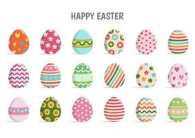 Happy Easter with set of Easter eggs with different texture on a white background. Spring holiday. Vector Illustration