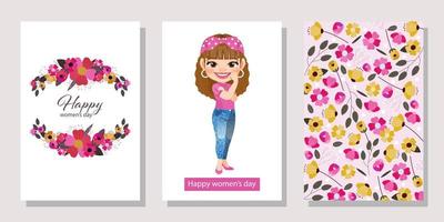 International Women s Day with Pretty Woman Standing and Flowers Background. Vector templates for card, poster, flyer and other users