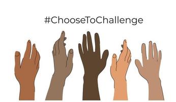 International womens day 8th march ChooseToChallenge Horizontal poster with different skin color womens hand up vector