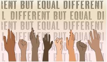 different but equal. banner with hands of different skin colors fist and hands raised up vector