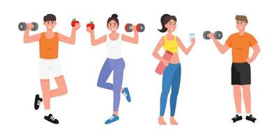 Healthy young people set flat vector illustration isolated on white background. Man and Woman in sportswear exercises. Personal trainer, workout class, healthy lifestyle.