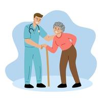 Male doctor or nurse helping elderly female patient who is using cane. vector