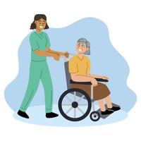 A female doctor or nurse is pushing a wheelchair for an elderly female patient. vector