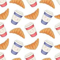 Seamless pattern from paper coffee cups and croissants. Vector illustration.