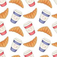 Seamless pattern from paper coffee cups and croissants. Vector illustration.