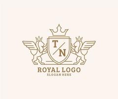 Initial TN Letter Lion Royal Luxury Heraldic,Crest Logo template in vector art for Restaurant, Royalty, Boutique, Cafe, Hotel, Heraldic, Jewelry, Fashion and other vector illustration.