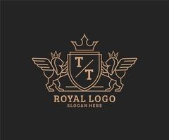 Initial TT Letter Lion Royal Luxury Heraldic,Crest Logo template in vector art for Restaurant, Royalty, Boutique, Cafe, Hotel, Heraldic, Jewelry, Fashion and other vector illustration.