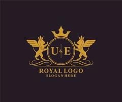 Initial UE Letter Lion Royal Luxury Heraldic,Crest Logo template in vector art for Restaurant, Royalty, Boutique, Cafe, Hotel, Heraldic, Jewelry, Fashion and other vector illustration.