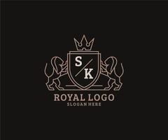 Initial SK Letter Lion Royal Luxury Logo template in vector art for Restaurant, Royalty, Boutique, Cafe, Hotel, Heraldic, Jewelry, Fashion and other vector illustration.