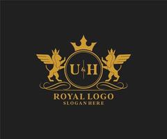 Initial UH Letter Lion Royal Luxury Heraldic,Crest Logo template in vector art for Restaurant, Royalty, Boutique, Cafe, Hotel, Heraldic, Jewelry, Fashion and other vector illustration.