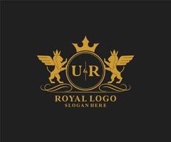 Initial UR Letter Lion Royal Luxury Heraldic,Crest Logo template in vector art for Restaurant, Royalty, Boutique, Cafe, Hotel, Heraldic, Jewelry, Fashion and other vector illustration.