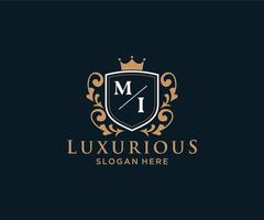 Initial MI Letter Royal Luxury Logo template in vector art for Restaurant, Royalty, Boutique, Cafe, Hotel, Heraldic, Jewelry, Fashion and other vector illustration.