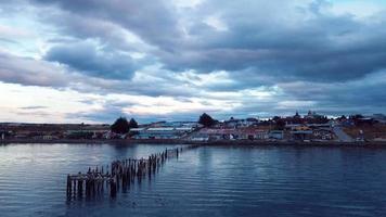 Aerial view of the evening Puerto Natales in Chile, 4K Footage video