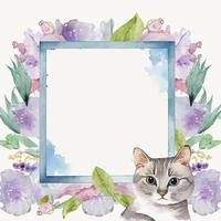 Watercolor flower frame with a cat vector