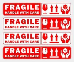 set bundle sticker fragile handle with care red and white printable sign symbol for delivery package vector